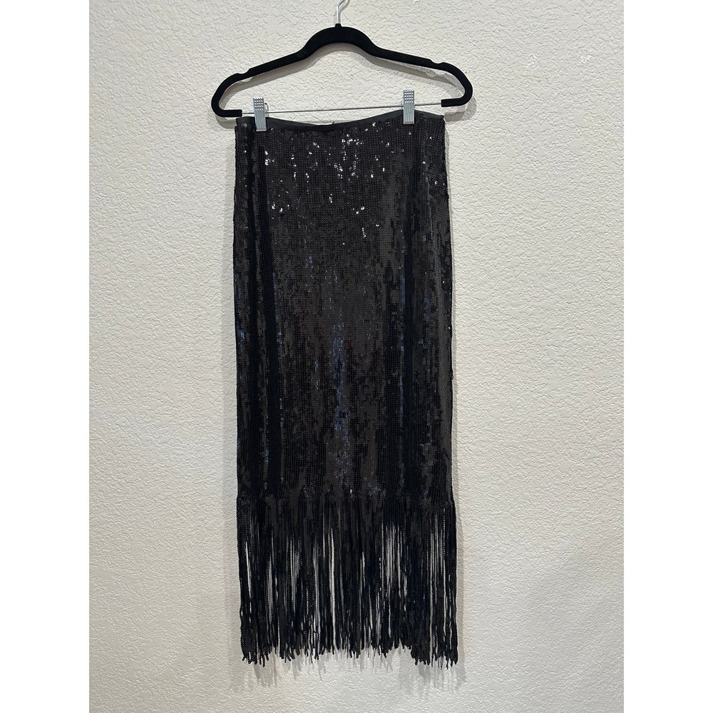 Lulus Black Sequin Fringe Midi Skirt Small Party Evening Cocktail Gatsby Style